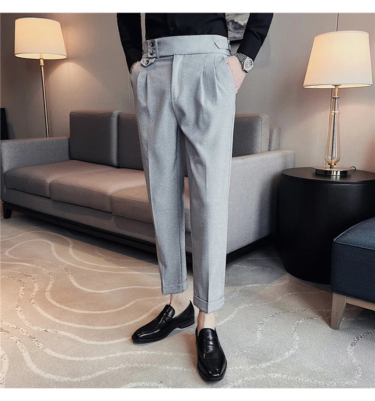 British Style Spring New Solid Business Casual Suit Pants High Waist Button Men Pants High Quality  Office