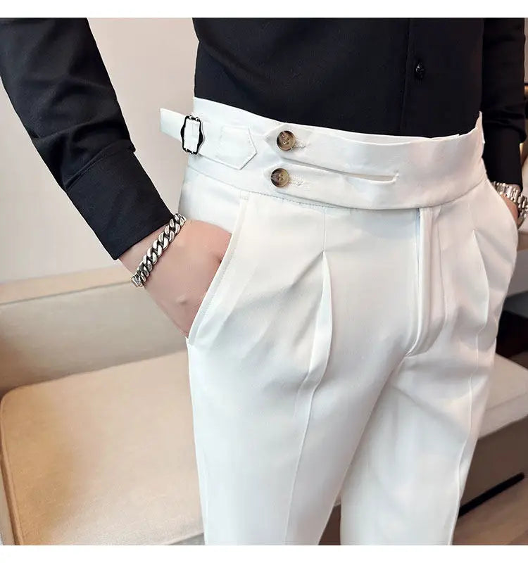 British Style Neapolitan High Quality Men's Slim Fit Business Office Solid Color Social Wedding Suit Pants