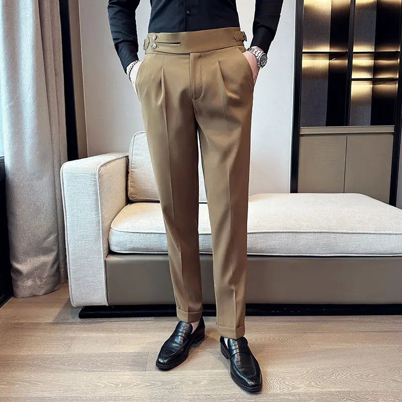 British Style Neapolitan High Quality Men's Slim Fit Business Office Solid Color Social Wedding Suit Pants