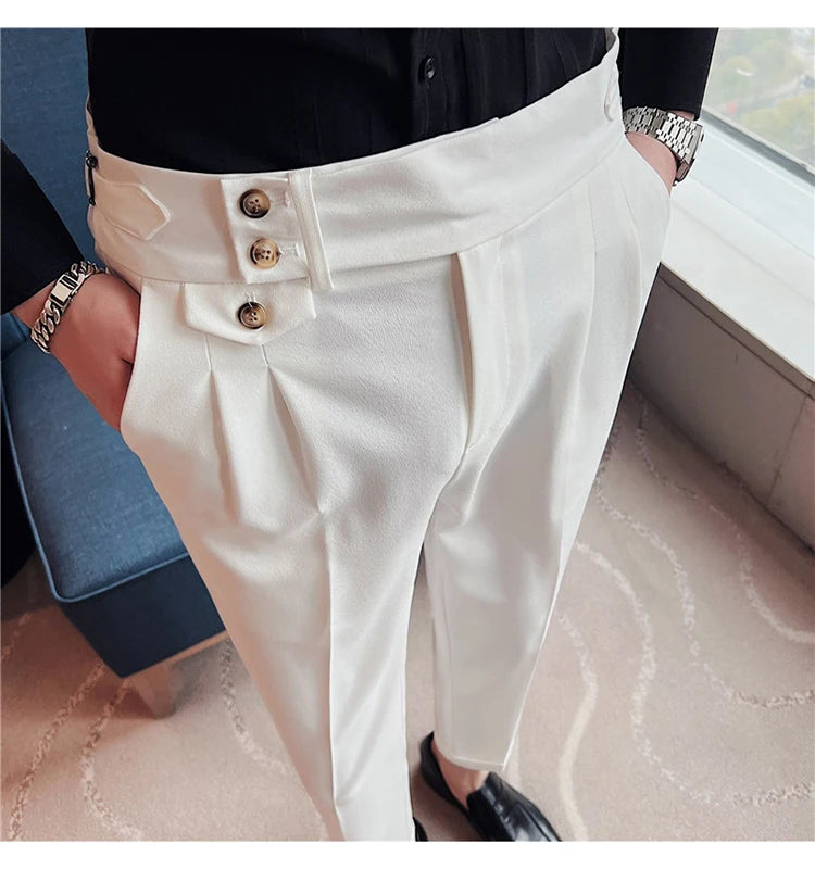 British Style Spring New Solid Business Casual Suit Pants High Waist Button Men Pants High Quality  Office