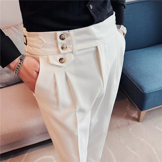 British Style Spring New Solid Business Casual Suit Pants High Waist Button Men Pants High Quality  Office