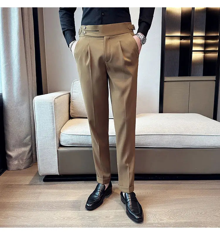 British Style Neapolitan High Quality Men's Slim Fit Business Office Solid Color Social Wedding Suit Pants