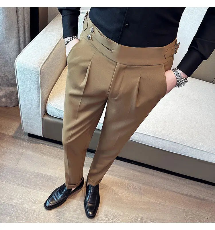 British Style Neapolitan High Quality Men's Slim Fit Business Office Solid Color Social Wedding Suit Pants
