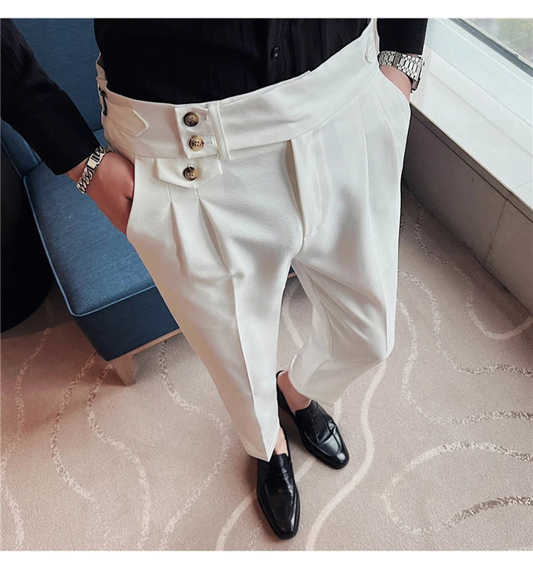 British Style Spring New Solid Business Casual Suit Pants High Waist Button Men Pants High Quality  Office