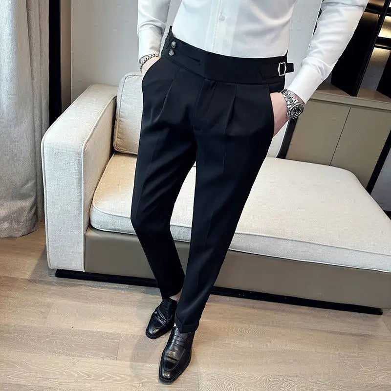 British Style Neapolitan High Quality Men's Slim Fit Business Office Solid Color Social Wedding Suit Pants
