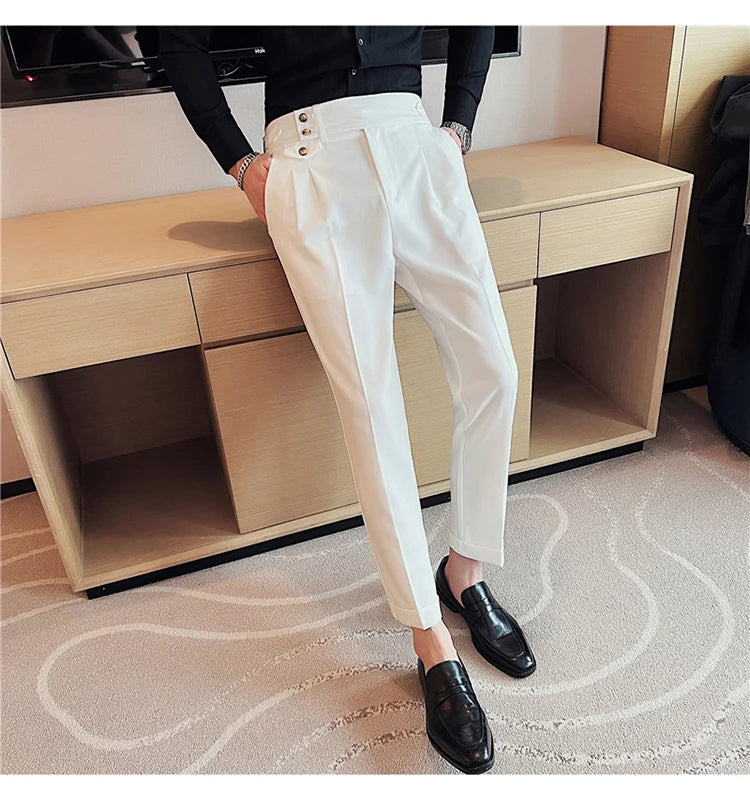 British Style Spring New Solid Business Casual Suit Pants High Waist Button Men Pants High Quality  Office