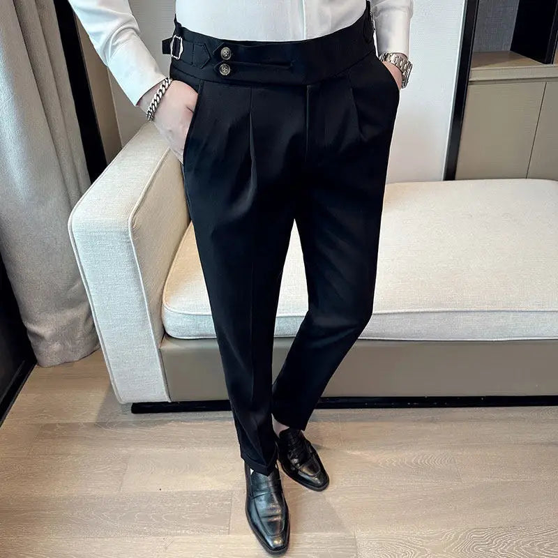 British Style Neapolitan High Quality Men's Slim Fit Business Office Solid Color Social Wedding Suit Pants