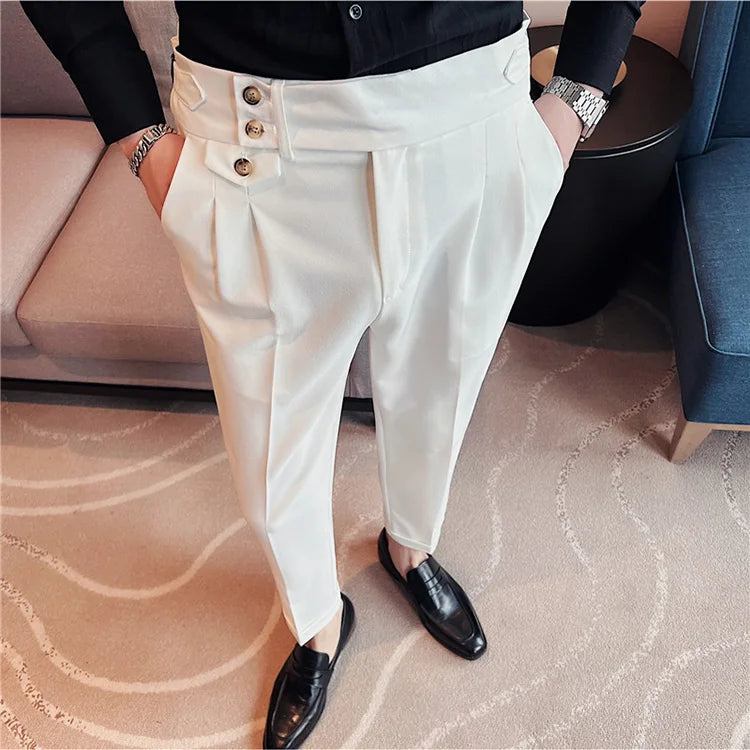 British Style Spring New Solid Business Casual Suit Pants High Waist Button Men Pants High Quality  Office