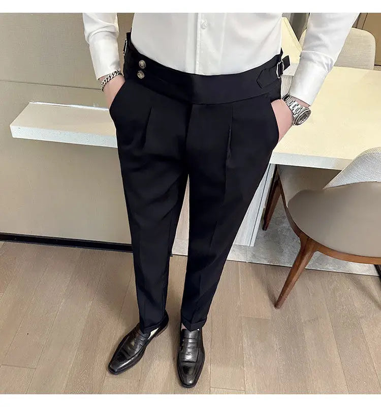 British Style Neapolitan High Quality Men's Slim Fit Business Office Solid Color Social Wedding Suit Pants