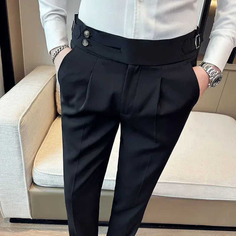 British Style Neapolitan High Quality Men's Slim Fit Business Office Solid Color Social Wedding Suit Pants