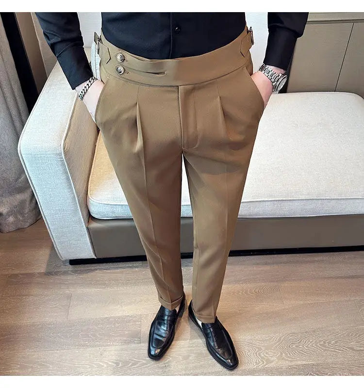 British Style Neapolitan High Quality Men's Slim Fit Business Office Solid Color Social Wedding Suit Pants
