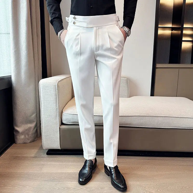 British Style Neapolitan High Quality Men's Slim Fit Business Office Solid Color Social Wedding Suit Pants