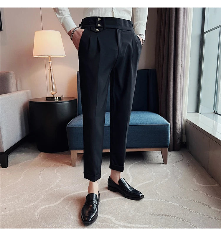 British Style Spring New Solid Business Casual Suit Pants High Waist Button Men Pants High Quality  Office