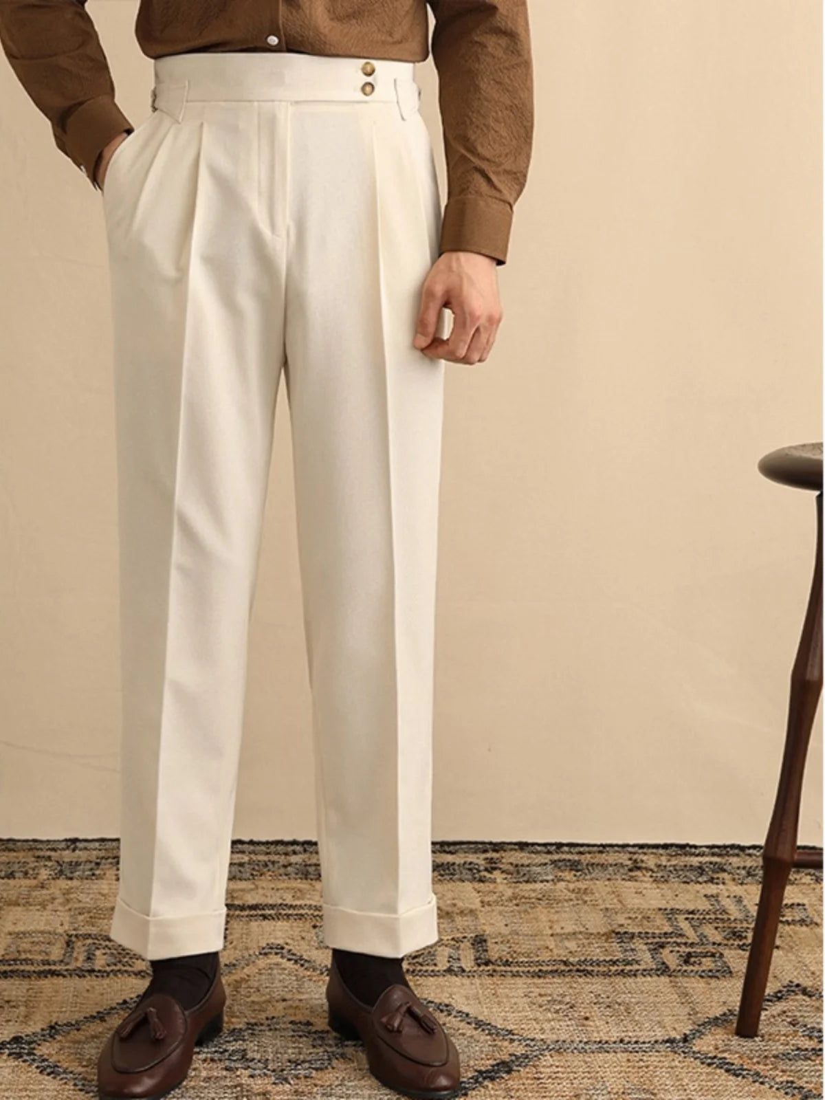 High Waist Straight Leg Men's Casual Pants Business  Paris Buckle Long Trousers Naples Gentleman  West Pants