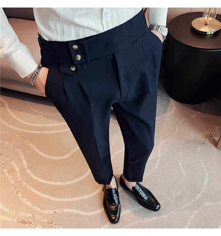 British Style Spring New Solid Business Casual Suit Pants High Waist Button Men Pants High Quality  Office