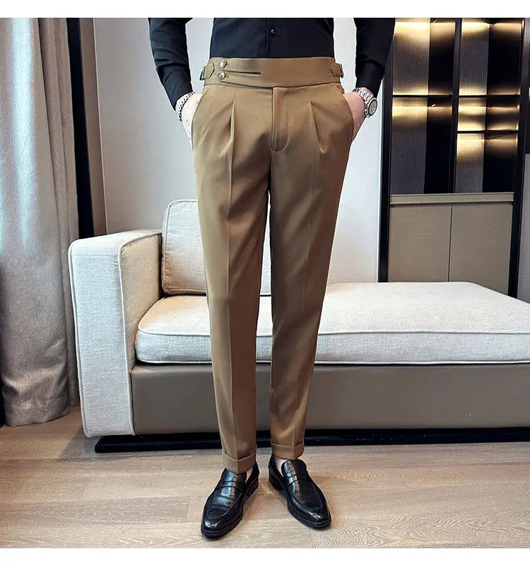 British Style Neapolitan High Quality Men's Slim Fit Business Office Solid Color Social Wedding Suit Pants