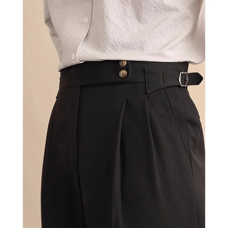 High Waist Straight Leg Men's Casual Pants Business  Paris Buckle Long Trousers Naples Gentleman  West Pants