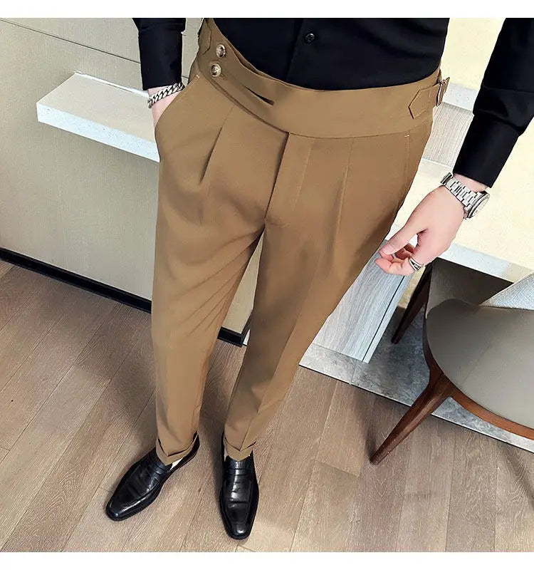 British Style Neapolitan High Quality Men's Slim Fit Business Office Solid Color Social Wedding Suit Pants