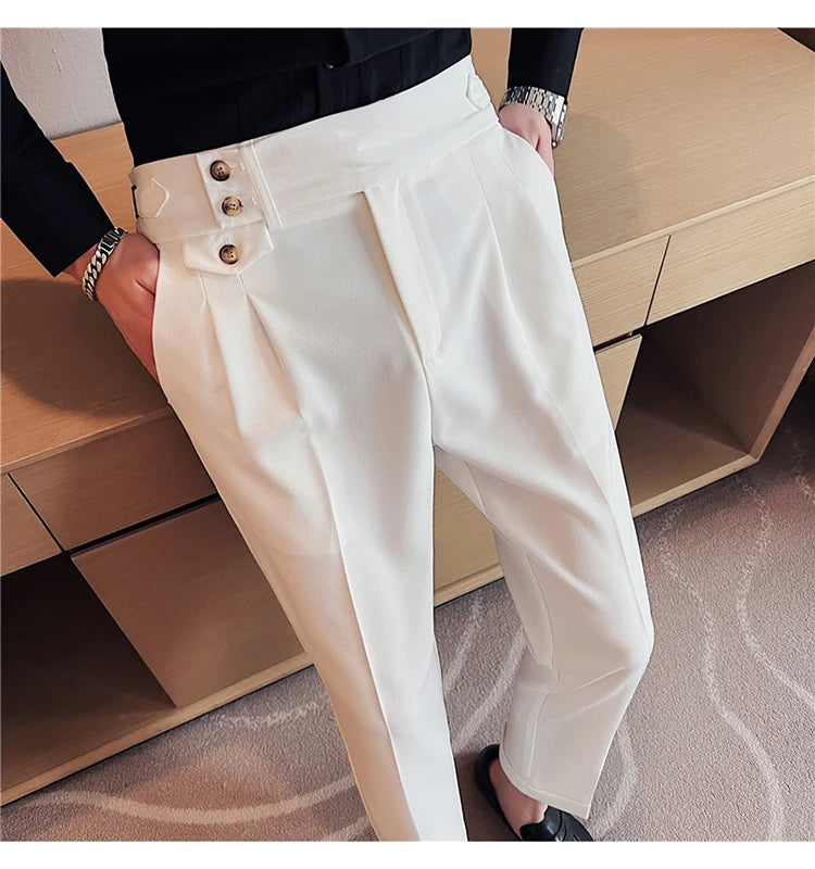 British Style Spring New Solid Business Casual Suit Pants High Waist Button Men Pants High Quality  Office