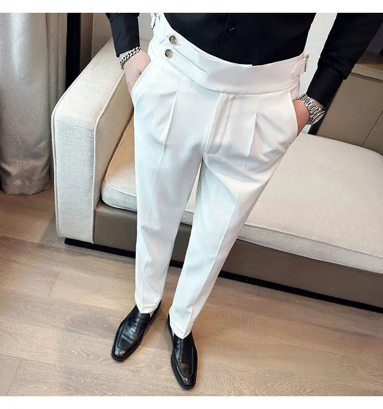 British Style Neapolitan High Quality Men's Slim Fit Business Office Solid Color Social Wedding Suit Pants