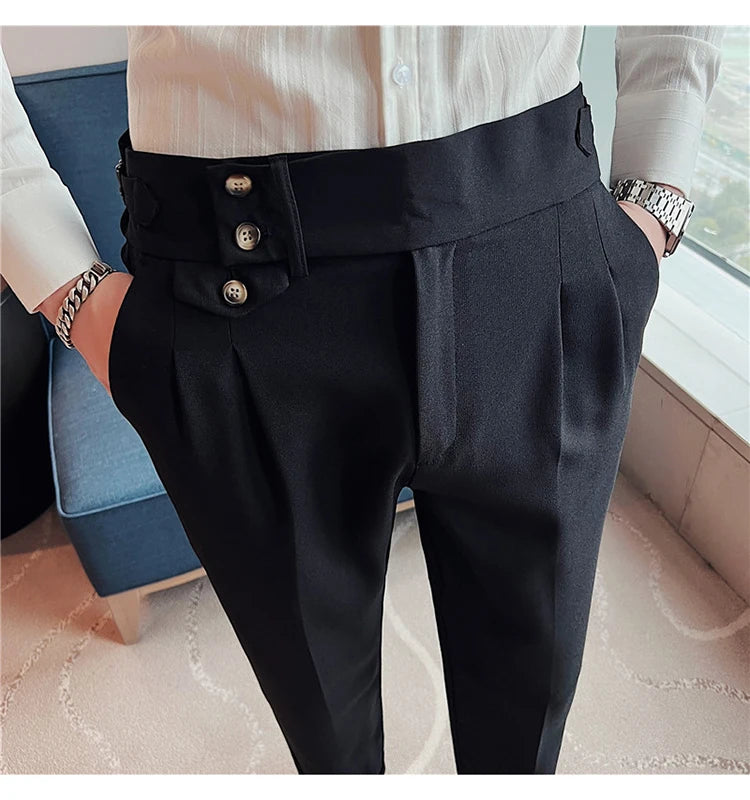 British Style Spring New Solid Business Casual Suit Pants High Waist Button Men Pants High Quality  Office