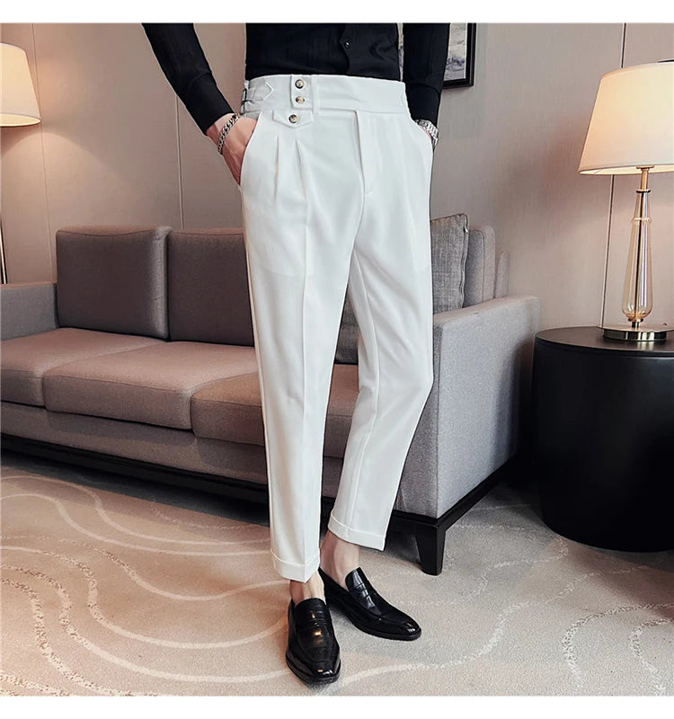 British Style Spring New Solid Business Casual Suit Pants High Waist Button Men Pants High Quality  Office