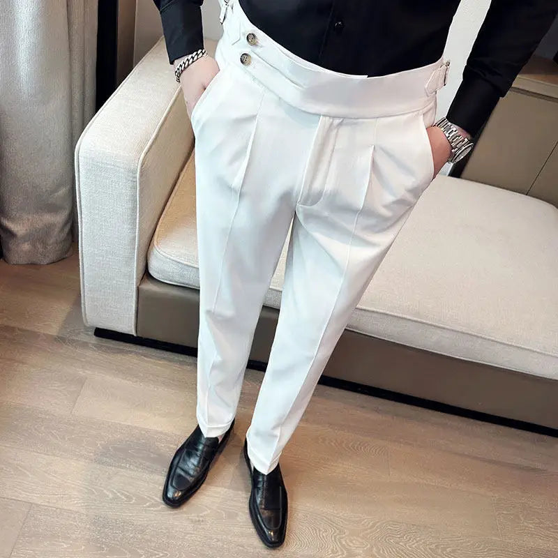 British Style Neapolitan High Quality Men's Slim Fit Business Office Solid Color Social Wedding Suit Pants