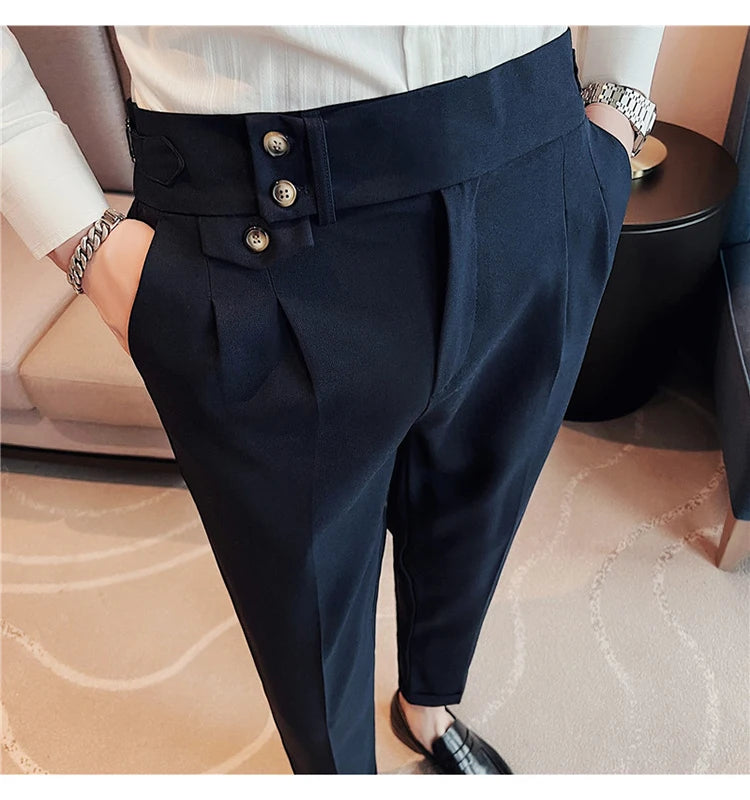 British Style Spring New Solid Business Casual Suit Pants High Waist Button Men Pants High Quality  Office
