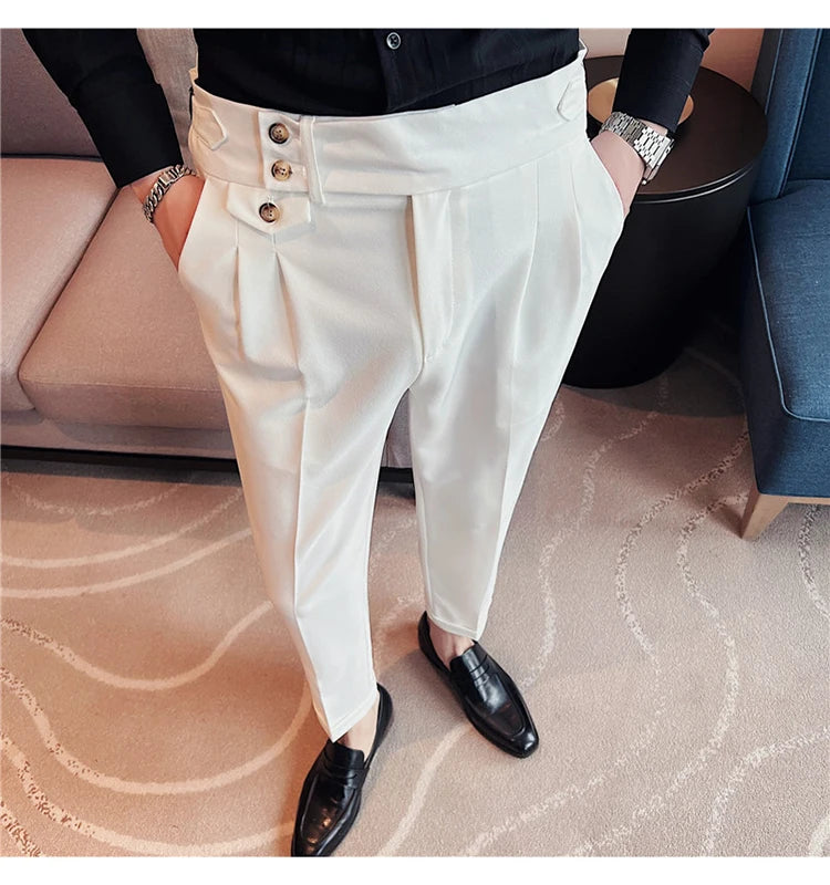 British Style Spring New Solid Business Casual Suit Pants High Waist Button Men Pants High Quality  Office