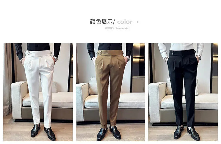 British Style Neapolitan High Quality Men's Slim Fit Business Office Solid Color Social Wedding Suit Pants