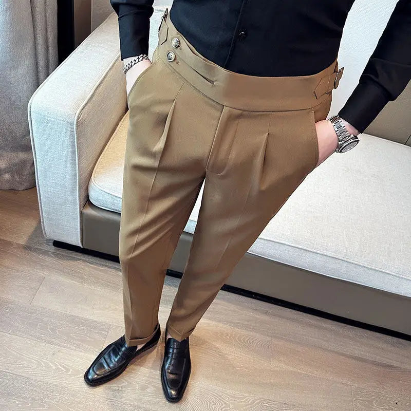 British Style Neapolitan High Quality Men's Slim Fit Business Office Solid Color Social Wedding Suit Pants
