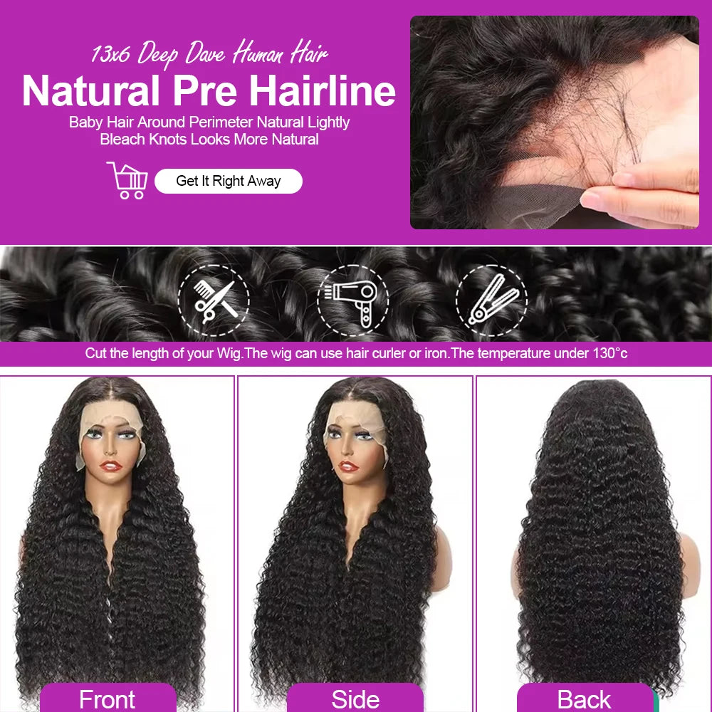 Transparent 250% Density Water Culry 360 Full Lace Frontal Wig Human Hair 40Inch Deep Wave 13x4 13x6 Hd Lace