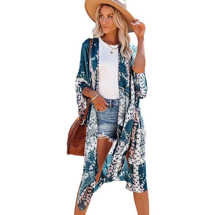 Women's Casual Mid-Length Loose Beachwear Tulle Sun Protection Jacket