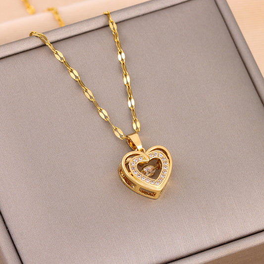 Double-layer Love Necklace With Rhinestones Titanium Steel Fashion Jewelry