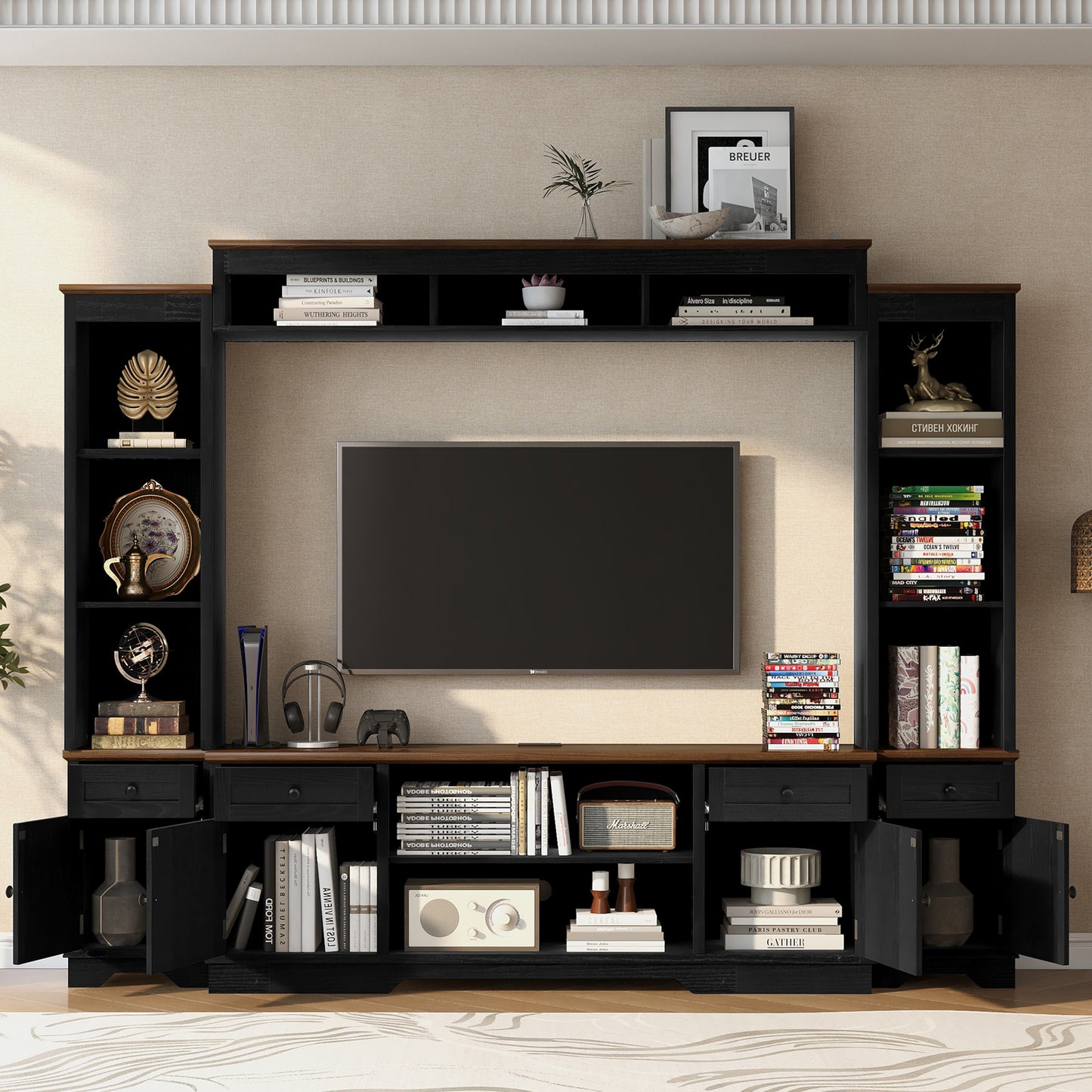 U-Can 98.8 W Wall Unit Entertainment Center With Bookshelves For TVs Up To 80, Modern TV Stand Media Console With Cabinets And Adjustable Shelves For Living Room